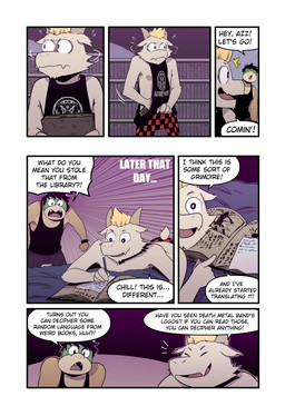 6_panel_comic anthro bed black_clothing black_hair black_shirt black_topwear blonde_hair book bookshelf bottomwear checkered checkered_bottomwear checkered_clothing clothed clothing cute_fangs dialogue duo eyes_closed fangs flesh_fang fur furniture gibberish green_body hair hiding_object holding_book holding_object honesty inside library looking_around lying male nervous on_bed on_front open_book pattern_bottomwear pattern_clothing scolding shirt speech_bubble stealing surprised tail tan_body tan_fur tank_top teeth text topwear writing_text yellow_body t0l0k mario_bros nintendo azz_(t0l0k) bowen_(t0l0k) bovid caprine dragon_koopa goat koopa mammal scalie comic english_text hi_res multiple_scenes
