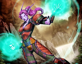 armor breasts detailed_background druid female fist forest hair humanoid_pointy_ears leather leather_armor magic magic_user not_furry outside pauldron pink_hair plant pointy_ears ponytail rock smile solo tree tribal_spellcaster waterfall genzoman blizzard_entertainment warcraft world_of_warcraft_trading_card_game elf humanoid night_elf 2011 digital_media_(artwork) official_art