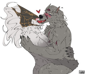 anthro armor black_lips blush bodily_fluids butt butt_grab drooling duo fangs fur grey_body grey_fur hair hand_on_butt headgear headgear_only helmet helmet_only holding_another hug kissing lips looking_at_another male male/male muscular muscular_anthro muscular_male nipples nude pecs pecs_touching red_mouth red_tongue saliva scar smile teeth tongue white_body white_fur white_hair flurkii elden_ring fromsoftware blaidd_(elden_ring) maliketh_(elden_ring) canid canine canis mammal wolf 2025 hi_res