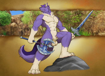 anthro balls claws fur genitals holding_melee_weapon holding_object holding_sword holding_weapon male melee_weapon muscular muscular_anthro muscular_male purple_body purple_fur solo sword tail weapon corrsk canid canine fox mammal hi_res