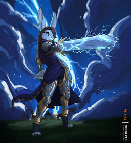 anthro armor blue_eyes brown_hair electricity electricity_manipulation elemental_manipulation female full_armor fur grey_body grey_fur hair lightning magic melee_weapon plate_armor pose solo sword weapon feretta lagomorph leporid mammal rabbit hi_res