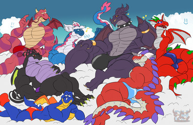 abs anthro ball_bulge barazoku belly big_belly big_bulge big_muscles big_pecs black_body black_clothing black_thong black_underwear black_wings blue_body blue_clothing blue_eyes blue_thong blue_underwear blush bracelet bulge choker claws clothing cloud embarrassed fangs fin footwear gesture gold_(metal) gold_bracelet gold_jewelry golden_claws group hand_gesture head_fin head_wings horn huge_bulge huge_thighs jewelry looking_aside looking_at_viewer looking_back looking_back_at_viewer lying male markings mouth_closed multicolored_body multicolored_tail muscular muscular_anthro muscular_male musical_note musical_symbol navel necklace no_irises no_pupils on_back on_cloud on_front on_side open_mouth orange_eyes orange_wings overweight overweight_anthro overweight_male pecs pink_body pink_markings purple_body purple_clothing purple_stripes purple_thong purple_underwear red_body red_clothing red_eyes red_footwear red_sclera red_shoes red_thong red_underwear red_wings relaxing shoes short_tail sky skyscape smile smiley_face smiling_at_viewer smirk smirking_at_viewer spiked_choker spikes spikes_(anatomy) star stripes symbol tail teeth thick_tail thick_thighs thong thumbs_up underwear unusual_wing_placement whiskers white_body white_wings wings yellow_body yellow_claws yellow_eyes yellow_wings daikuhiroshiama captain_toad_treasure_tracker european_mythology mario_bros mythology new_super_mario_bros._u nintendo paper_mario paper_mario:_color_splash paper_mario:_the_thousand_year_door super_mario_bros_wonder super_mario_odyssey super_mario_rpg_(2023) super_mario_rpg_legend_of_the_seven_stars super_mario_world bahamutt draggadon gloomtail ruined_dragon ancient_dragon_(mario) dinosaur dragon dragoneel_(mario) eastern_dragon mythological_creature mythological_scalie prehistoric_species reptile rex_(mario) scalie western_dragon 2026 hi_res