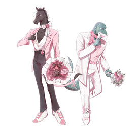 accessory anthro black_hair bottomwear bouquet brown_body brown_bottomwear brown_clothing brown_fur brown_pants clothing duo flower flower_bouquet footwear fur furgonomics green_body green_scales hair heart_envelope holidays male mature_male pants pink_clothing pink_scarf pink_shirt pink_suit pink_topwear plant plushie ribbons scales scarf shirt shoes suit tail tail_accessory tail_ribbon text topwear valentine's_day_card white_bottomwear white_clothing white_footwear white_pants white_shirt white_shoes white_suit white_topwear stugitti beastars valentine's_day gosha_(beastars) yahya_(beastars) equid equine horse komodo_dragon lizard mammal monitor_lizard reptile scalie 2026 digital_media_(artwork) english_text hi_res