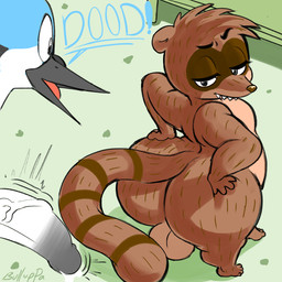 4_toes anthro backsack balls big_butt blue_body blue_feathers bodily_fluids bottom_heavy brown_body brown_fur butt dialogue duo erection eyebrows feathers feet fur genital_fluids genitals half-closed_eyes hand_on_butt huge_butt humanoid_genitalia humanoid_penis looking_at_another looking_at_butt looking_back looking_back_at_another male male/male markings narrowed_eyes nude open_mouth penis precum raised_eyebrow striped_markings striped_tail stripes tail tail_markings teeth text thick_thighs toes vein veiny_penis white_body white_feathers wide_hips bulluppa cartoon_network regular_show mordecai_(regular_show) rigby_(regular_show) avian bird blue_jay corvid jay_(bird) mammal new_world_jay oscine passerine procyonid raccoon 1:1 english_text hi_res signature
