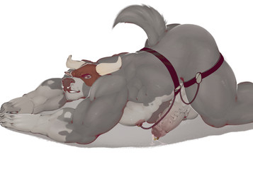 2_horns anthro ass_up balls biceps big_muscles big_penis bodily_fluids butt erection facial_piercing genital_fluids genitals grey_body horn huge_muscles looking_back male mask medial_ring muscular nipple_piercing nipples nose_piercing pecs penis piercing precum simple_background snout solo tail vein veiny_penis white_background maison_6 bovid bovine cattle mammal hi_res