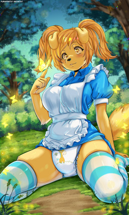 abdl anthro apron breasts clothed clothing cosplay diaper diaper_fetish diaper_under_clothing dress female forest grass hair legwear maid_apron maid_uniform medium_breasts padded pigtails plant ponytail sitting solo stockings tree uniform wearing_diaper meowtat fan_character canid canine mammal absurd_res hi_res