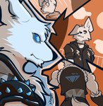 anthro blue_eyes clothed clothing detailed_background fur leather leather_clothing male muscular muscular_anthro muscular_male solo solo_focus spikes white_body white_fur pinumontbalou epic_games fortnite volpez_(fortnite) arctic_fox canid canine canis fox mammal true_fox hi_res