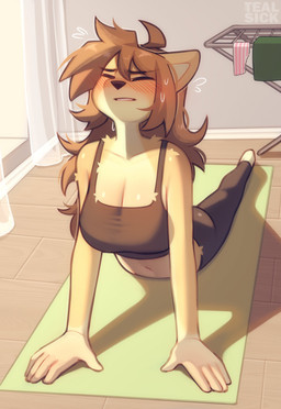 anthro blush blush_lines bodily_fluids bottomwear bra breasts cleavage clenched_teeth clothed clothing eyes_closed female floor hair navel pants solo sports_bra straining sweat sweatdrop tan_body tan_ears teeth underwear white_inner_ear wood wood_floor yoga yoga_mat yoga_pants tealsick chloe_(tealsick) canid canine canis domestic_dog mammal 2025 absurd_res hi_res