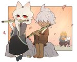 anthro clothed clothing eyelashes female flute fur group hair male musical_instrument orange_body orange_fur red_eyes sitting smile white_body white_fur white_hair wind_instrument woodwind_instrument yyang_gg nine_sols red_candle_games heng_(nine_sols) kuafu_(nine_sols) shuanshuan_(nine_sols) yi_(nine_sols) felid feline mammal solarian hi_res brother_(lore) brother_and_sister_(lore) sibling_(lore) sister_(lore)