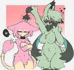 annoyed anthro big_breasts blush breast_size_difference breasts caeleste duo eyes_closed featureless_breasts featureless_crotch female floragato fluffy fluffy_breasts fur generation_3_pokemon generation_9_pokemon green_body green_fur heart_symbol mistletoe motion_lines navel nintendo open_mouth pink_body pink_fur plant pokemon pokemon_(species) pouting skitty smile standing tan_body tan_fur thick_thighs wide_hips