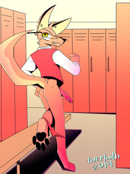 anthro balls blush bottomless butt clothed clothing embarrassed erection eyewear feet fur genitals glasses humanoid_genitalia humanoid_penis jacket locker locker_room looking_at_viewer male nerd nude open_mouth panties paws penis shy smile solo topwear underwear undressing tigertooth canid canine canis domestic_dog mammal 2019 digital_media_(artwork) hi_res