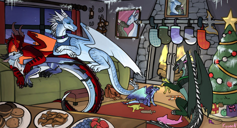 chicken_meat christmas_decorations dinner_table female feral fireplace food fried_chicken furniture gift group holidays male meat pink_eyes plant plushie sofa tree kuueen christmas mythology wings_of_fire dragon icewing_(wof) mythological_creature mythological_scalie nightwing_(wof) rainwing_(wof) scalie skywing_(wof) absurd_res hi_res