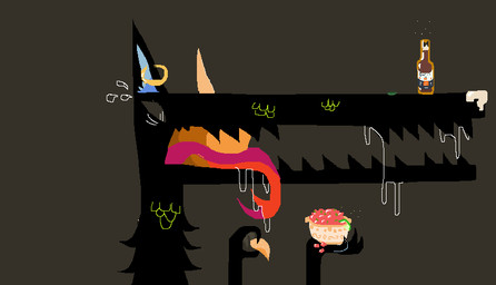 alcohol ambiguous_gender anthro beer beverage black_body black_fur bodily_fluids brown_background drooling ear_piercing ear_ring food fur gold_(metal) gold_ear_ring long_snout piercing ring_piercing saliva simple_background snout snout_hold solo naircat canid canine mammal 2015 female_(lore)