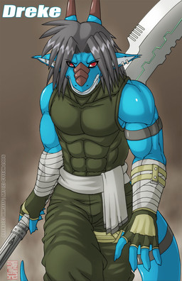 2_horns anthro bandage bandaged_arm bandaged_arms blade blue_body blue_ears blue_skin blue_tail bottomwear brown_horn clothed clothed_anthro clothed_male clothing countershading ear_piercing fingerless_gloves frown fully_clothed fully_clothed_anthro fully_clothed_male gloves green_bottomwear green_clothing green_gloves green_handwear green_pants green_topwear green_vest grey_hair hair handwear holding_object holding_weapon horn male male_anthro melee_weapon multicolored_body multicolored_skin muscular muscular_anthro muscular_male pants pecs_outline piercing red_eyes solo sword sword_on_back tail text topwear two_tone_body two_tone_skin vest weapon weapon_on_back white_body white_countershading white_inner_ear cyyeun mythology dragon mythological_creature mythological_scalie scalie wingless_dragon 2006 artist_name character_name dated hi_res portrait signature three-quarter_portrait