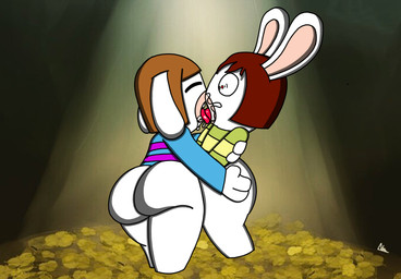 3_fingers alternate_species anthro bangs bent_leg big_butt blue_clothing blue_shirt blue_topwear brown_hair butt cave clothed clothed_anthro clothed_male clothing duo featureless_legs fingers floppy_ears flower fur furrification green_clothing green_shirt green_topwear hair hand_on_hip huge_butt inside long_ears lop_ears making_out male male/male male_anthro medium_hair multicolored_body noseless plant rabbidification red_eyes red_tongue saliva_on_face shirt standing tan_body tan_inner_ear tan_skin teeth thick_thighs tongue tongue_out topwear two_tone_body white_body white_fur worried_look yellow_flower underlewded raving_rabbids rayman_(series) ubisoft undertale undertale_(series) chara_(undertale) frisk_(undertale) lagomorph mammal rabbid 2022 cel_shading crossover digital_drawing_(artwork) digital_media_(artwork) english_description hi_res shaded signature