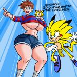 anthro belly blue_eyes bottomwear breasts brown_hair clothed clothing crossgender duo ear_piercing ear_ring female genitals green_eyes hair heterochromia jewelry male open_mouth penis piercing ring_piercing shirt short_hair shorts smile sonichu_medallion text topwear wappah nintendo pokemon sega sonic_the_hedgehog_(series) sonichu_(series) chris_chan fan_character sonichu_(character) eulipotyphlan generation_1_pokemon hedgehog human hybrid mammal pikachu pokemon_(species) 1:1 absurd_res hi_res