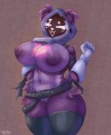 anthro armor belt big_breasts black_clothing black_legwear black_stockings breasts clothing eyes_closed facial_scar female fur gauntlets genitals gloves handwear hood legwear multicolored_body multicolored_fur nipples open_mouth purple_body purple_fur pussy scar simple_background smile solo stockings two_tone_body two_tone_fur nehmkey epic_games fortnite raven_team_leader bear mammal 2025 digital_media_(artwork) hi_res signature