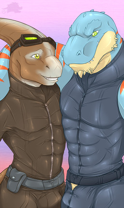 anthro arm_around_shoulders belt blue_body bodily_fluids brown_body bulge clothing duo eyewear eyewear_on_head goggles goggles_on_head green_eyes looking_at_another male striped_body stripes sweat sweatdrop teeth yellow_eyes zipper deezmo dinosaur prehistoric_species reptile scalie 2014 hi_res
