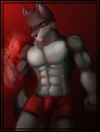 anthro belly biped black_nose boxer_briefs boxer_briefs_only bulge clothed clothing countershade_belly countershade_fur countershade_torso countershading fingers fur grey_body grey_fur grin male male_anthro muscular muscular_anthro muscular_male narrowed_eyes one_eye_closed red_boxer_briefs red_clothing red_underwear smile solo superpowers tail topless underwear underwear_only yellow_eyes rmwx canid canine canis mammal wolf hi_res portrait three-quarter_portrait