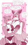2021 anthro anthro_on_anthro beastars blush bottomwear bra breast_grab breasts canid canine canis chest_tuft claws cleavage clothed clothing cosmo_(beastars) dialogue duo english_text female female/female garter_straps giraffid hand_on_breast heart_symbol hi_res interspecies juno_(beastars) legwear mammal mature_female mutedlavender okapi panties skirt text thigh_highs tuft underwear wolf