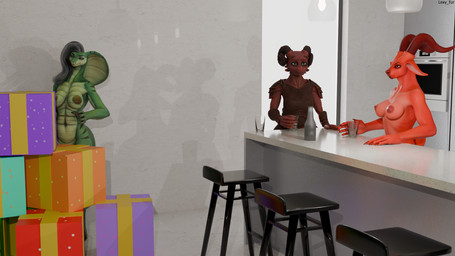 anthro female gift group holidays kitchen trio lexy_fur sladdoska_(modeler) christmas anshi_(sladdoska) carolitta_(sladdoska) chert_(sladdoska) deer kobold mammal reptile scalie snake 16:9 3d_(artwork) digital_media_(artwork) hi_res widescreen