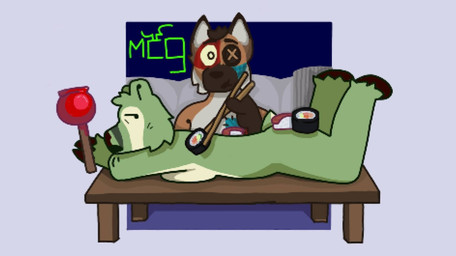 anthro apple candy candy_apple dessert duo eating food fruit fur green_body green_fur intersex male male/male plant sushi unnatural_colors mcgriddy captain_laserhawk:_a_blood_dragon_remix canid canine deer mammal maned_wolf hi_res trans_(lore) trans_man_(lore)
