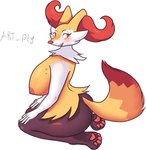 anthro big_breasts blush breasts female looking_at_viewer nipples pawpads red_eyes smile solo wide_hips artply nintendo pokemon braixen canid generation_6_pokemon mammal pokemon_(species) hi_res