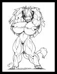 anthro big_breasts black_border border breasts female genitals horn huge_breasts hyper hyper_breasts muscular muscular_anthro muscular_female nipples nude pussy simple_background smile solo strangerataru bovenus bovid bovine mammal absurd_res hi_res monochrome