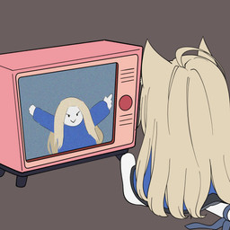 alternate_species anthro blonde_hair blue_clothing brown_background clothed clothing electronics female fur furrification hair long_hair machine ribbons simple_background sitting solo tail television watching_television white_body white_fur yellow_ears young young_anthro young_female j_humbo capcom pragmata diana_(pragmata) android domestic_cat felid feline felis mammal robot 1:1 2026 absurd_res hi_res icon