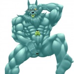 abs anthro anus balls biceps big_muscles blush bodily_fluids butt censor_bar erection fangs fingering fur genitals green_tongue hand_behind_head ineffective_censorship male muscular muscular_anthro muscular_male nude one_eye_closed open_mouth pecs penis simple_background solo sweat teeth tongue vein white_background yellow_sclera akuann slayers dilgear_(character) canid canine canis mammal wolf 1:1 censored