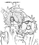 alternative_fashion anthro duo emo eyewear eyewear_on_head fur male scene_haircut smile solo sunglasses sunglasses_on_head white_body white_fur spitthesauce canid canine canis domestic_dog mammal greyscale hi_res monochrome