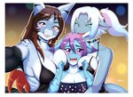 anthro blush breast_squish breasts brown_hair clothing cute_fangs dress embarrassed exclamation_point fangs female green_eyes group hair naughty_face open_mouth pink_eyes purple_eyes purple_hair selfie simple_background squish teeth tongue trio white_hair kira_r96 fish marine shark 2025 absurd_res half-length_portrait hi_res portrait