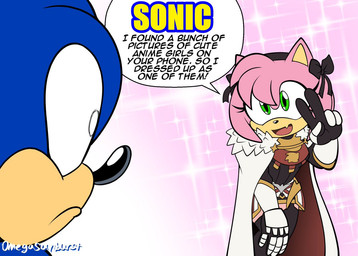 5_fingers alternate_costume anthro armor black_nose clothed clothed_anthro clothed_female clothing coat cosplay countershade_face countershading crossover_cosplay dialogue duo eyelashes female female_anthro fingers frown fully_clothed fully_clothed_anthro fully_clothed_female gauntlets gesture gloves green_eyes hand_gesture handwear humor iris looking_at_another male misunderstanding name_in_dialogue oblivious open_mouth open_smile pink_quills pose pupils quill_hair redesign small_nose smile smiling_at_another snout sparkles speech_bubble text topwear v_sign wearing_gloves white_pupils omegasunburst fate_(series) sega sonic_the_hedgehog_(series) type-moon amy_rose astolfo_(fate) sonic_the_hedgehog eulipotyphlan hedgehog mammal artist_name crossover english_text signature