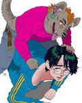 ambiguous_penetration anthro belt black_hair blue_bottomwear blue_clothing blue_pants bodily_fluids bottomwear brown_body brown_fur clothing colored_nails dominant dominant_anthro dominant_female duo ear_piercing ear_ring eyelashes eyewear female fur glasses hair human_on_anthro implied_pseudo-penis interspecies male male/female male_penetrated nails open_belt orange_body orange_fur pants penetration piercing pink_clothing pink_shirt pink_topwear red_nails ring_piercing shirt smile submissive submissive_human submissive_male sweat tongue tongue_out topwear tracksuit kaneoya_sachiko human hyena mammal 2025 4:5 digital_media_(artwork) hi_res