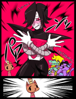 2_panel_comic anthro bite biting_lip biting_own_lip black_hair blonde_hair blue_hair blush bodily_fluids breasts brown_body brown_fur cleavage clothed clothing dialogue female fur glistening gloves group hair handwear hat headgear headwear heart_eyes heart_symbol humor lipstick machine makeup male multicolored_hair not_furry_focus open_mouth pink_eyes pose purple_body purple_fur self_bite sweat text text_on_clothing text_on_hat text_on_headwear tongue tongue_out two_tone_hair yellow_eyes hallucinationdream undertale undertale_(series) bratty_(undertale) burgerpants catty_cattenheimer mettaton mettaton_ex alligator alligatorid crocodilian domestic_cat felid feline felis mammal reptile robot scalie english_text meme source_request unavailable_at_source