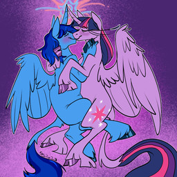 duo eyes_closed female feral fetlocks flying glowing glowing_horn hooves horn hug kissing male wings pervertimp friendship_is_magic hasbro my_little_pony mythology twilight_sparkle_(mlp) equid equine mammal mythological_creature mythological_equine winged_unicorn
