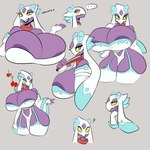 anthro areola areola_slip big_breasts blue_eyes breasts butt clothed clothing female huge_breasts looking_at_viewer open_mouth paper_fan purple_areola sgvt7 simple_background smile solo text thick_thighs wide_hips jinx_doodle nintendo pokemon hedi_(echovalia) froslass generation_4_pokemon ghost humanoid pokemon_(species) spirit 1:1 digital_media_(artwork) hi_res sketch_page