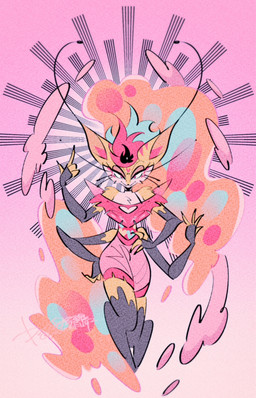 4_arms anthro clothed clothing female gradient_hair hair lava_lamp_body multi_arm multi_limb solo yasutak1192 hellaverse helluva_boss queen_bee-lzebub_(helluva_boss) arthropod bee canid canine fox hybrid hymenopteran insect mammal absurd_res hi_res