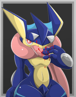 ambiguous_gender anthro blood bodily_fluids navel simple_background solo type nintendo pokemon amphibian generation_6_pokemon greninja pokemon_(species) 2015 hi_res