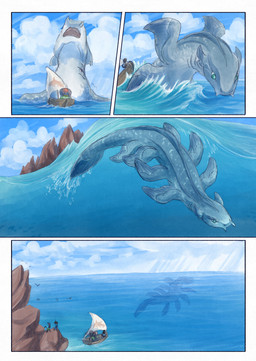 anthro black_body black_fur blue_sky boat clothed clothing cloud dark_body day dialogue ear_fins female feral fin fur gills grey_body group male proboscis_(anatomy) sailing_boat sailing_watercraft sea sky speech_bubble split_form tail text trunk_(anatomy) vehicle water watercraft bjekkergauken mythology imbali_(bjekkergauken) isilo_(bjekkergauken) aquatic elephant elephantid fish humanoid mammal merfolk proboscidean sea_monster unknown_species 2026 colored comic hi_res