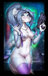 anthro areola bare_chest blue_areola blue_eyes blue_hair blue_markings blue_nipples blurred_background bracelet breasts chest_tuft city cityscape clothed clothing digital_media_(artwork) ear_piercing f-r95 featureless_crotch female flesh_tunnel fur gauged_ear gun hair holding_gun holding_object holding_ranged_weapon holding_weapon hyena inner_ear_fluff jewelry legwear looking_aside mammal markings medium_breasts mostly_nude navel necklace night nipples outside piercing portrait purple_clothing purple_legwear purple_thigh_highs purple_topwear ranged_weapon shaded solo standing teeth thigh_highs three-quarter_portrait tied_hair topwear translucent translucent_clothing translucent_topwear tuft vest weapon white_body white_fur white_nose