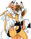 anthro back_wings black_body black_eyebrows black_fur black_nose blue_eyes breasts brown_hair duo eye_contact eyebrows feathered_wings feathers featureless_breasts female fur green_eyes hair hug hugging_another hugging_from_behind looking_at_another male male/female nude orange_body orange_fur simple_background smile smiling_at_another smiling_at_each_other snout tail whisker_spots whiskers white_background white_body white_feathers white_fur wings blondefoxy canid canine fox mammal red_fox true_fox 2006 digital_media_(artwork)