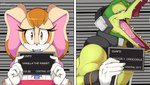 anthro clothing dipstick_ears duo ear_markings electronics eyelashes female gloves hair handwear headphones male mugshot multicolored_ears open_mouth teeth text tongue white_clothing white_gloves white_handwear kappa_spark barbie_and_ken_mugshot_meme sega sonic_the_hedgehog_(series) vanilla_the_rabbit vector_the_crocodile crocodile crocodilian lagomorph leporid mammal rabbit reptile scalie 16:9 2023 english_text meme redraw widescreen