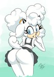 anthro big_butt big_hair black_horn blue_background blue_eyes blue_sclera butt clothed clothing dipstick_fingers dress eyelashes female floppy_ears fur genitals grey_clothing grey_dress hair head_tuft horn looking_back lop_ears maid_uniform no_underwear open_mouth pink_nose pussy rear_view simple_background solo tan_body tan_fur thick_thighs tuft uniform white_body white_fur white_hair wide_hips roller_toaster idw_publishing sega sonic_the_hedgehog_(comics) sonic_the_hedgehog_(idw) sonic_the_hedgehog_(series) lanolin_the_sheep_(sonic) bovid caprine mammal sheep absurd_res hi_res