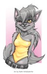 anthro belt black_nose blush breasts clothed clothing domestic_cat eyebrows eyelashes felid feline felis female fluffy fluffy_tail fur grey_body grey_fur grey_hair hair hands_behind_back kinta long_hair looking_at_viewer mammal one_eye_closed pink_background schwarze_katze shirt simple_background slim smile solo tail topwear wink yellow_eyes