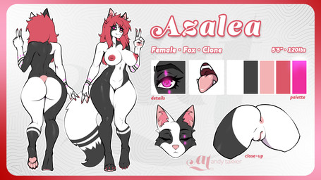 4_toes animal_genitalia anthro anus areola black_body butt butt_focus claws closed_smile diamond_(gem) eyes_closed feet female front_view fur gem genital_slit genitals glistening glistening_eyes hair humanoid_genitalia information inner_ear_fluff markings measurements mouth_closed multicolored_body multicolored_fur multiple_angles multiple_poses navel nipples nude nude_anthro nude_female pawpads paws pink_anus pink_areola pink_claws pink_eyes pink_inner_ear pink_inner_ear_fluff pink_nipples pink_nose pink_vulva pose rear_view red_hair side_view smile solo stripes tail tail_markings text toes toy tuft vulva white_body andytakker canid canine fox mammal absurd_res character_name english_text hi_res model_sheet portrait
