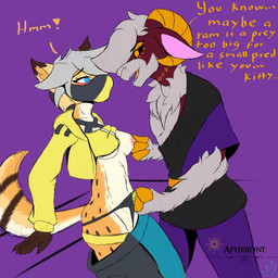 anthro big_dom_small_sub blush clothed clothing clothing_pull dialogue dirty_talk dominant dominant_anthro dominant_male domination_loss duo female frontal_wedgie male male/female mask nipple_fetish nipple_pinch nipple_play nipples no_bra pinch raised_clothing raised_topwear size_difference species_play speciesism submissive submissive_anthro submissive_female text topwear topwear_up underwear underwear_pull wearing_mask wedgie apheront rami_(apheront) rayza_alvares_(nyxthechee) bovid canid canine caprine cheetah felid feline fox hybrid mammal sheep 1:1 absurd_res english_text hi_res