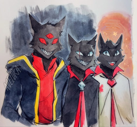 3_eyes anthro black_body black_fur clothed clothed_anthro clothed_male clothing eye_scar facial_scar fur group looking_at_viewer male male_anthro multi_eye open_mouth open_smile red_eyes scar sharp_teeth smile teeth trio aveloka cult_of_the_lamb massive_monster_(studio) aym_(cult_of_the_lamb) baal_(cult_of_the_lamb) narinder domestic_cat felid feline felis mammal 2025 hi_res signature