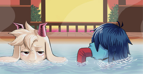 ambiguous_gender anthro drinking drinking_straw duo hot_spring male mostly_submerged water wet papstuko deltarune undertale_(series) kris_dreemurr ralsei human mammal hi_res nonbinary_(lore)