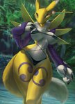 anthro armwear bikini blue_eyes claws clothing detailed_background female forest fur mane plant pose sleeves solo standing swimwear thigh_gap tree two-piece_swimsuit water waterfall white_body white_fur yellow_body yellow_fur yin_yang momobeda bandai_namco digimon canid digimon_(species) mammal renamon hi_res pinup